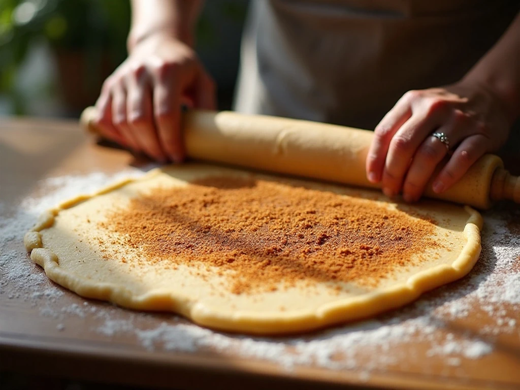 Rolling gingerbread dough and spreading the cinnamon roll filling