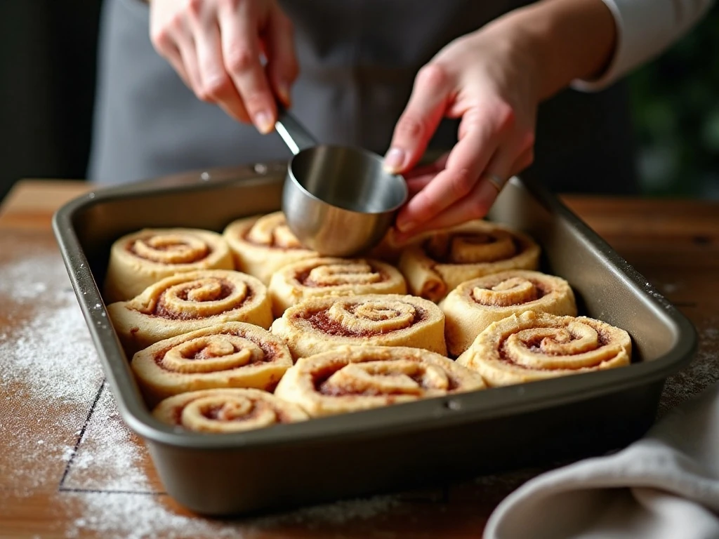 Evenly sliced gingerbread cinnamon rolls arranged in a baking pan