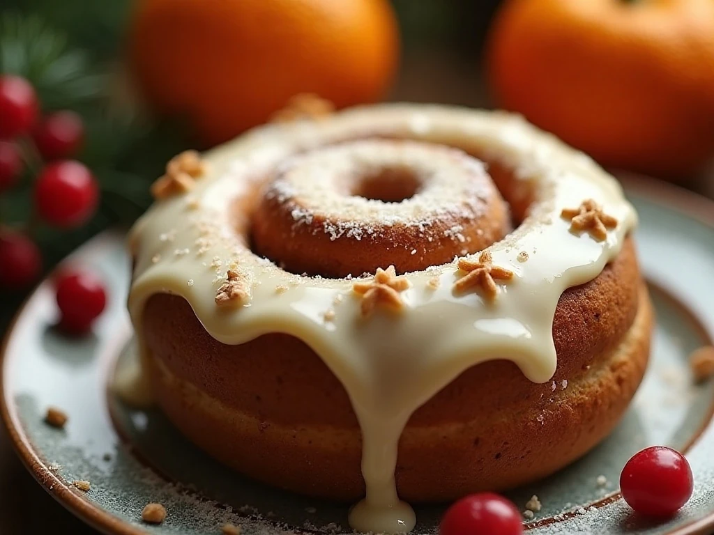 Close-up of cream-cheese icing on a gingerbread cinnamon roll