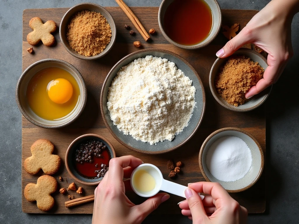 Ingredients for easy gingerbread cookies including molasses and warm spices