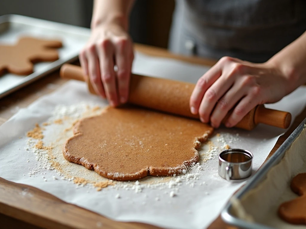Rolling gingerbread cookie dough between parchment paper