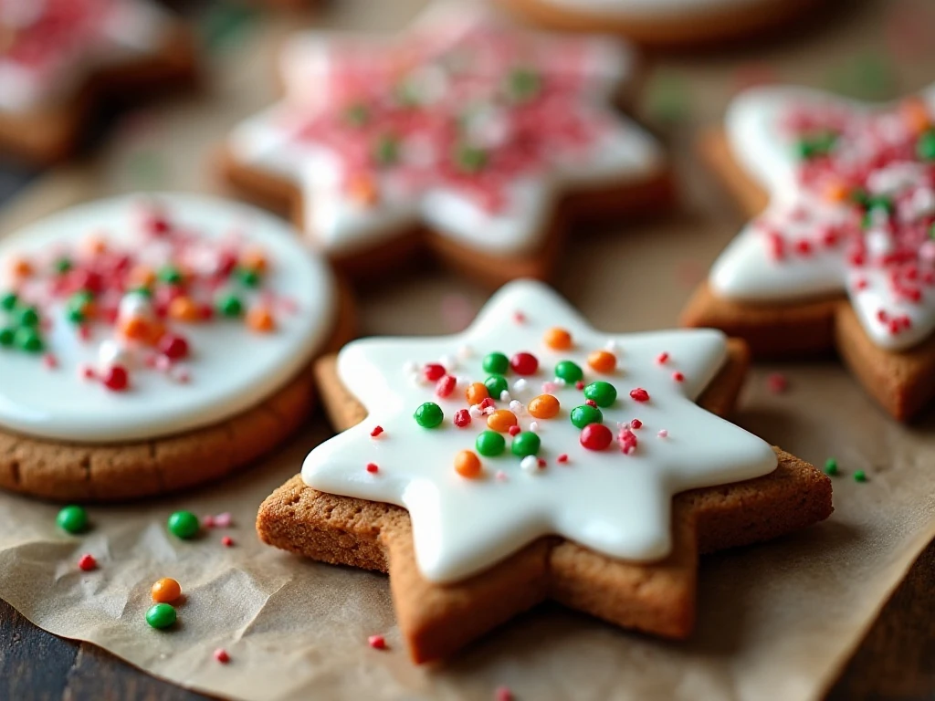 Decorated gingerbread cookies with royal icing and sprinkles