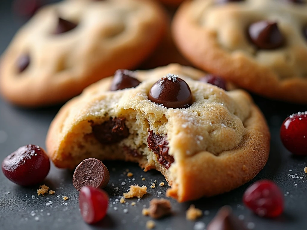 Close-up of soft cookie centers with cranberries and chocolate chips