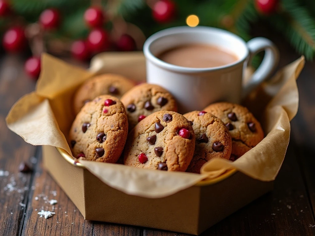 Gingerbread cranberry chocolate chip cookies served in a holiday tin