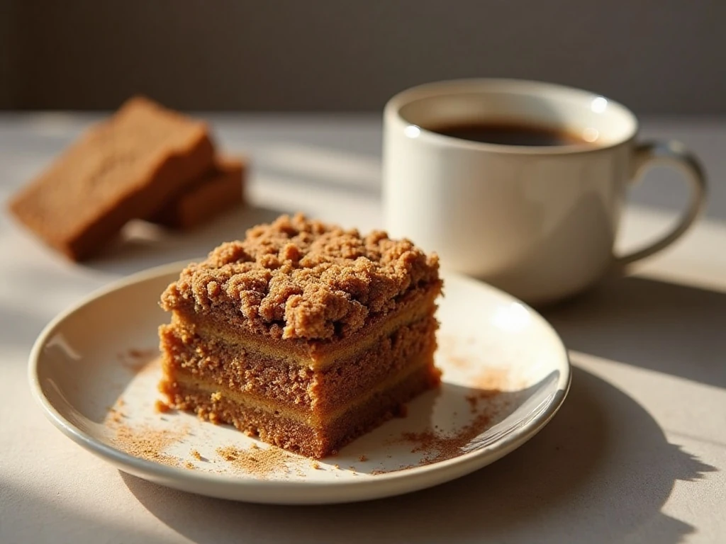 Slice of moist gingerbread crumb cake served with coffee