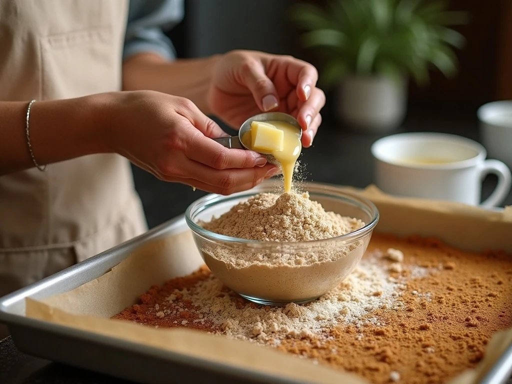 Making the buttery crumb topping for gingerbread cake