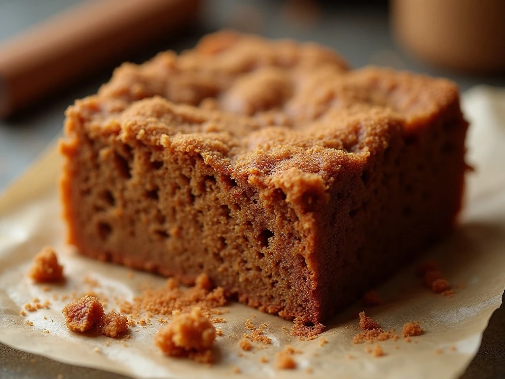 Crisp cinnamon crumbs on moist gingerbread cake