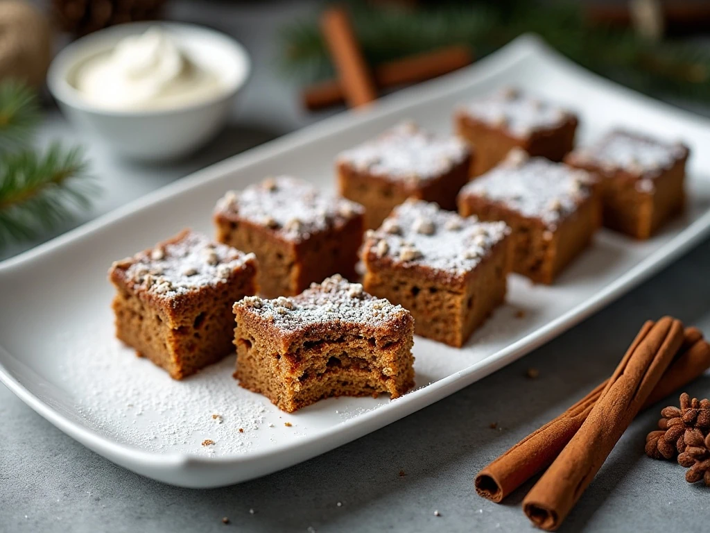 Gingerbread crumb cake squares on a holiday dessert table