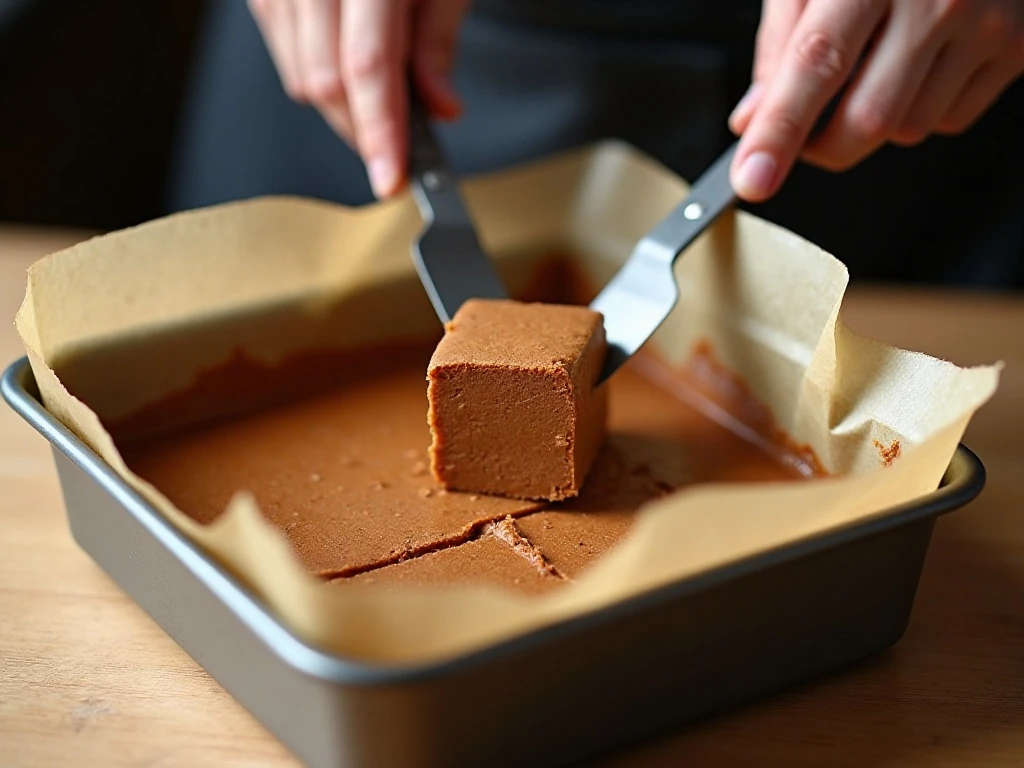 Spreading gingerbread fudge into a lined square pan
