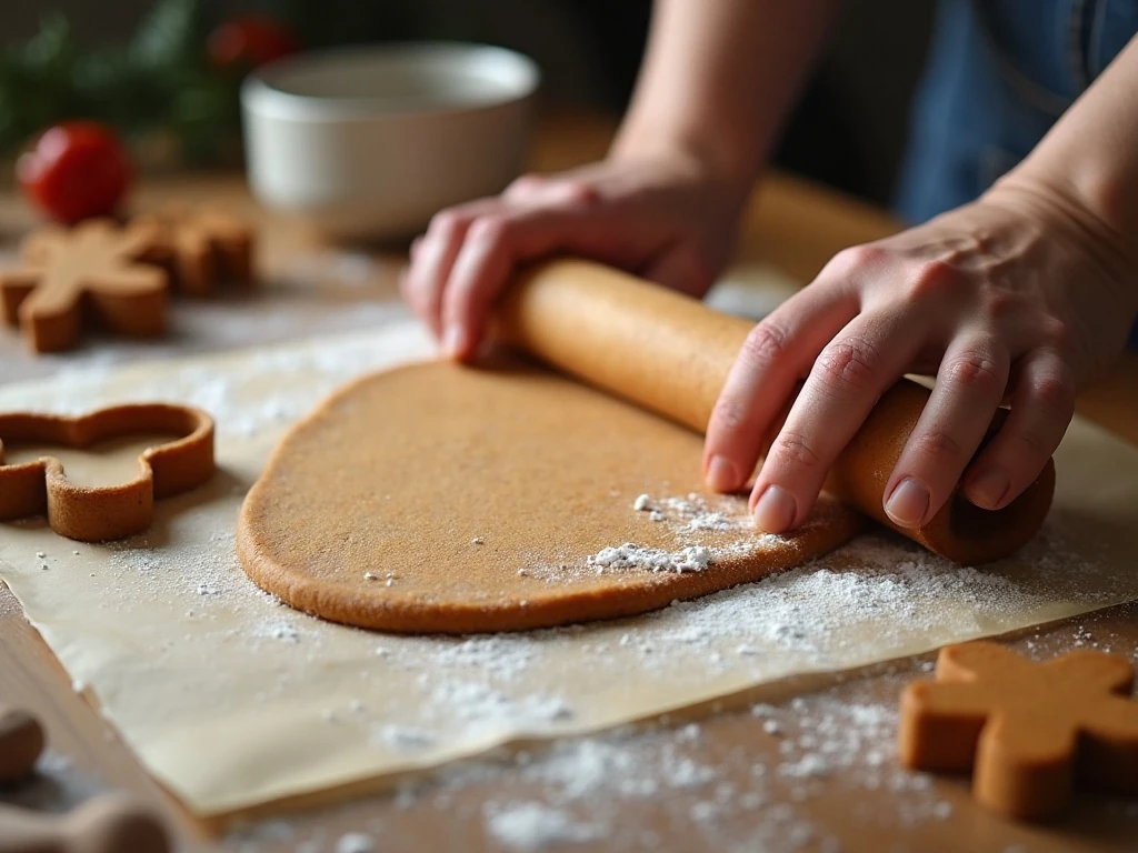 Rolling gingerbread dough and cutting gingerbread men shapes