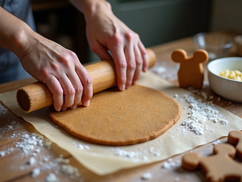 Rolling gingerbread dough and cutting Mickey Mouse cookie shapes