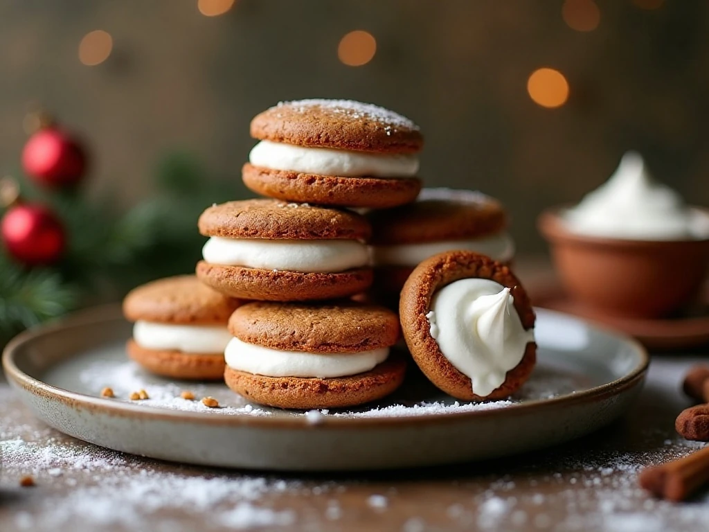 Stack of soft and chewy gingerbread whoopie pies with marshmallow filling
