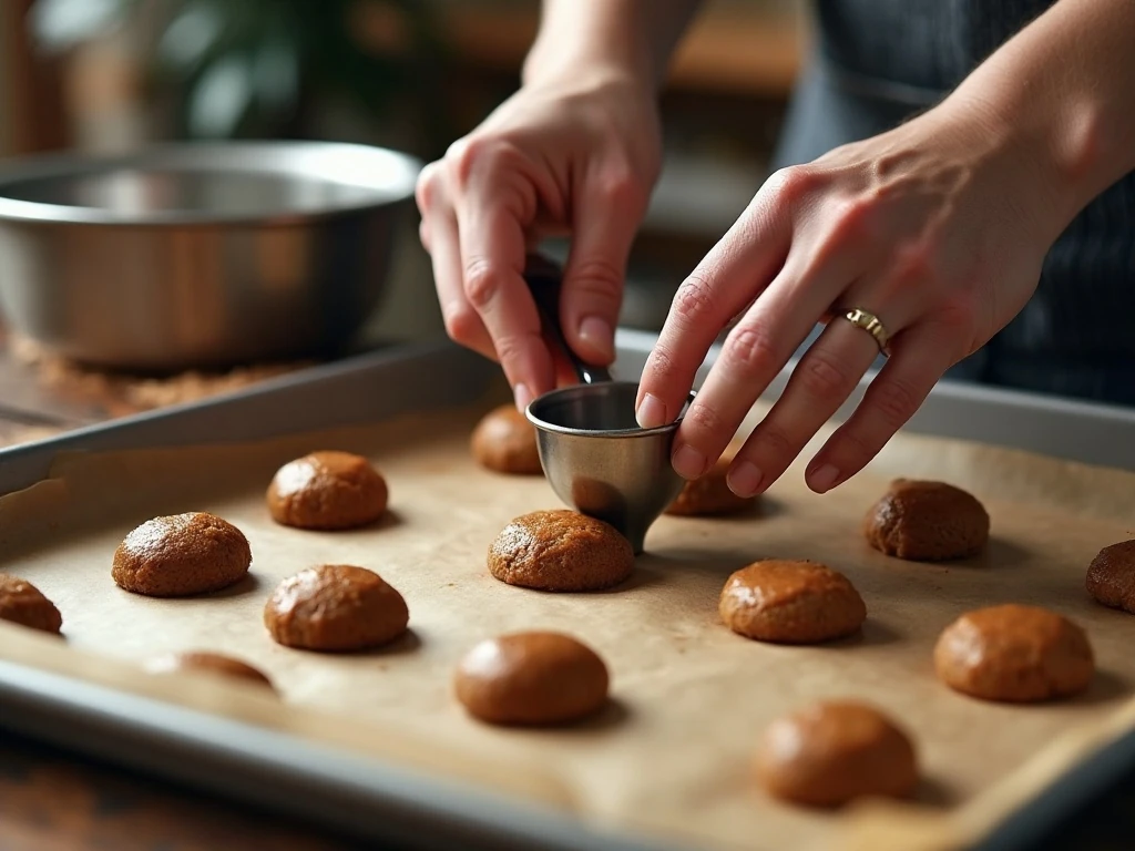 Portioning gingerbread whoopie pie batter onto a parchment-lined sheet