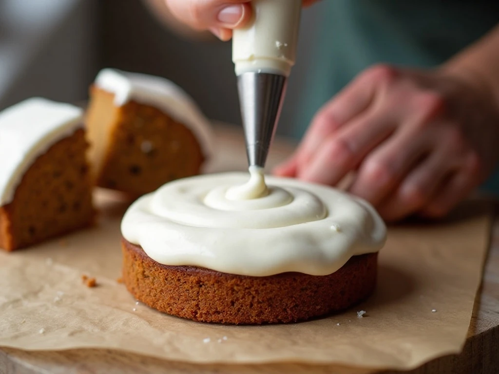 Piping marshmallow buttercream onto a gingerbread whoopie pie cake