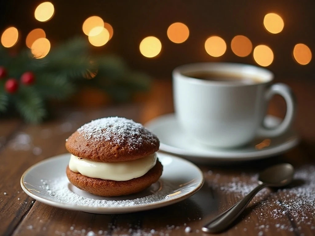 Gingerbread whoopie pie served with coffee