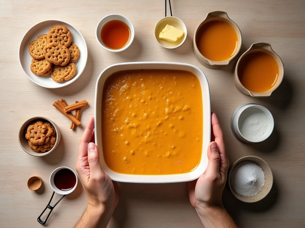 Ingredients for gingersnap pumpkin cheesecake bars arranged for baking