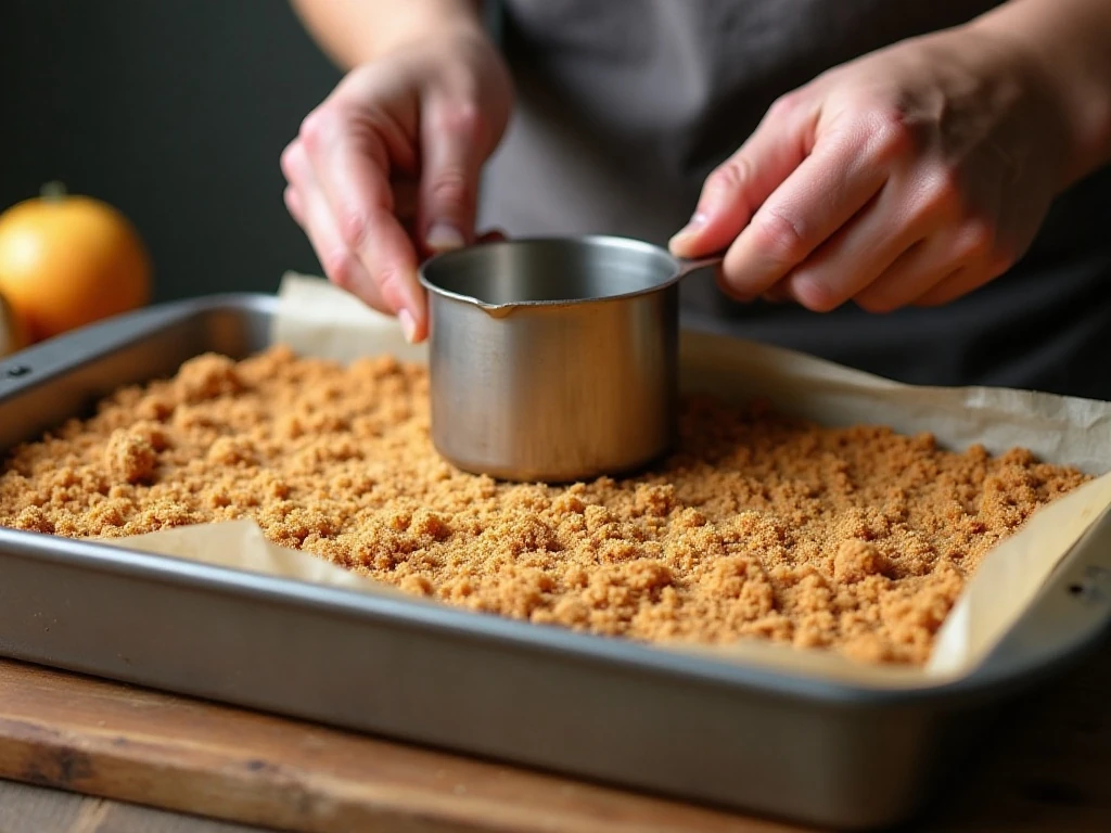 Pressing gingersnap crust into a parchment-lined baking pan
