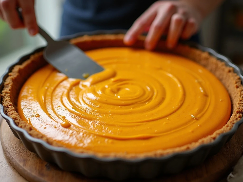Smooth pumpkin cheesecake filling spread over gingersnap crust