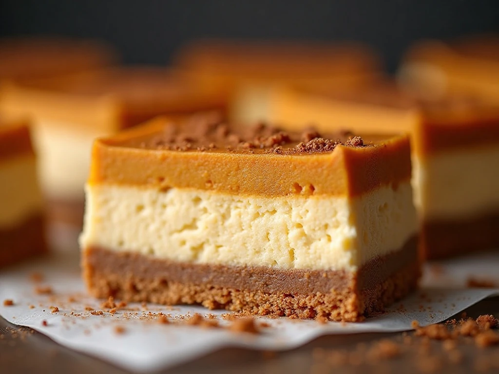 Close-up of a cleanly sliced pumpkin cheesecake bar