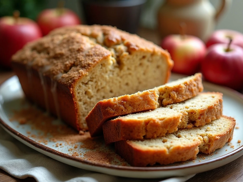 Sliced glazed apple cinnamon oatmeal bread on a serving plate