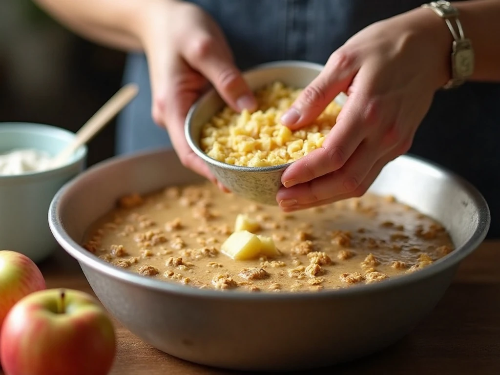 Folding chopped apples into oatmeal bread batter