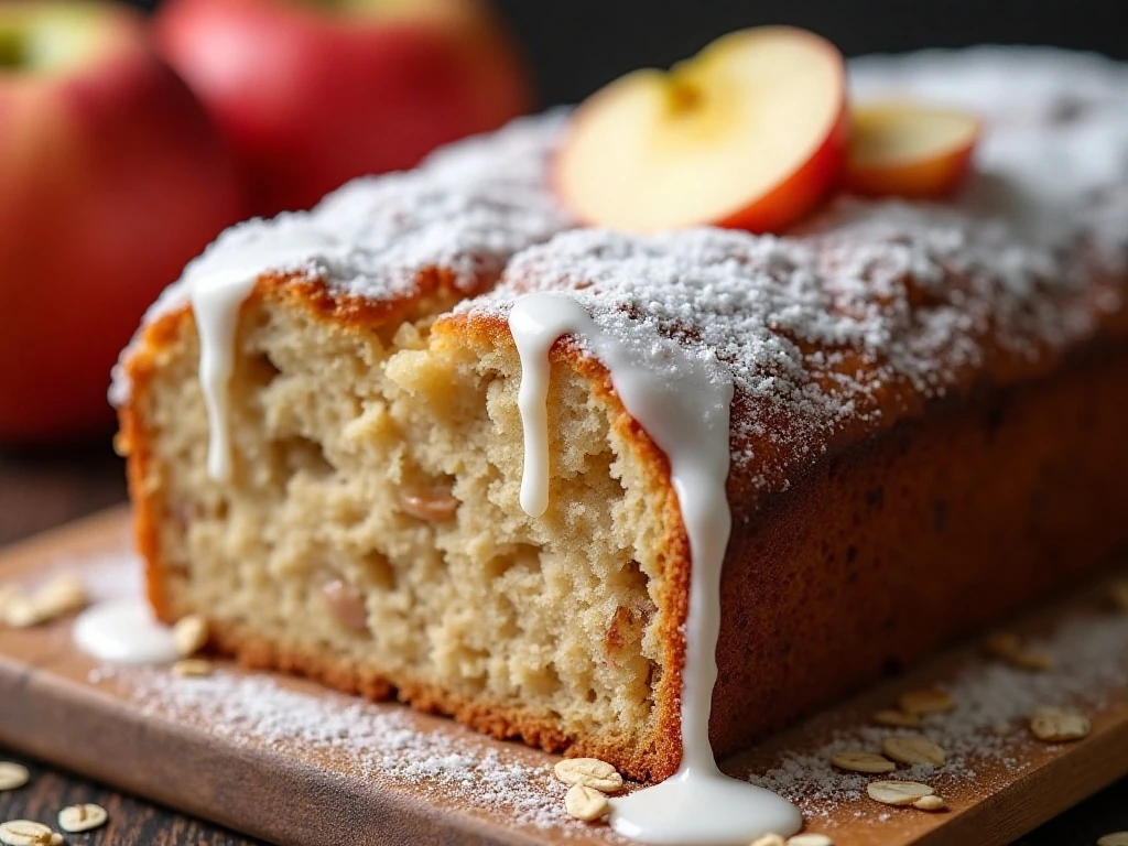 Cinnamon glaze drizzled over apple oatmeal bread