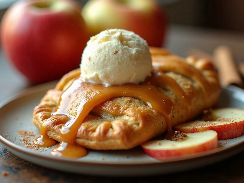 Glazed apple hand pie served with vanilla ice cream