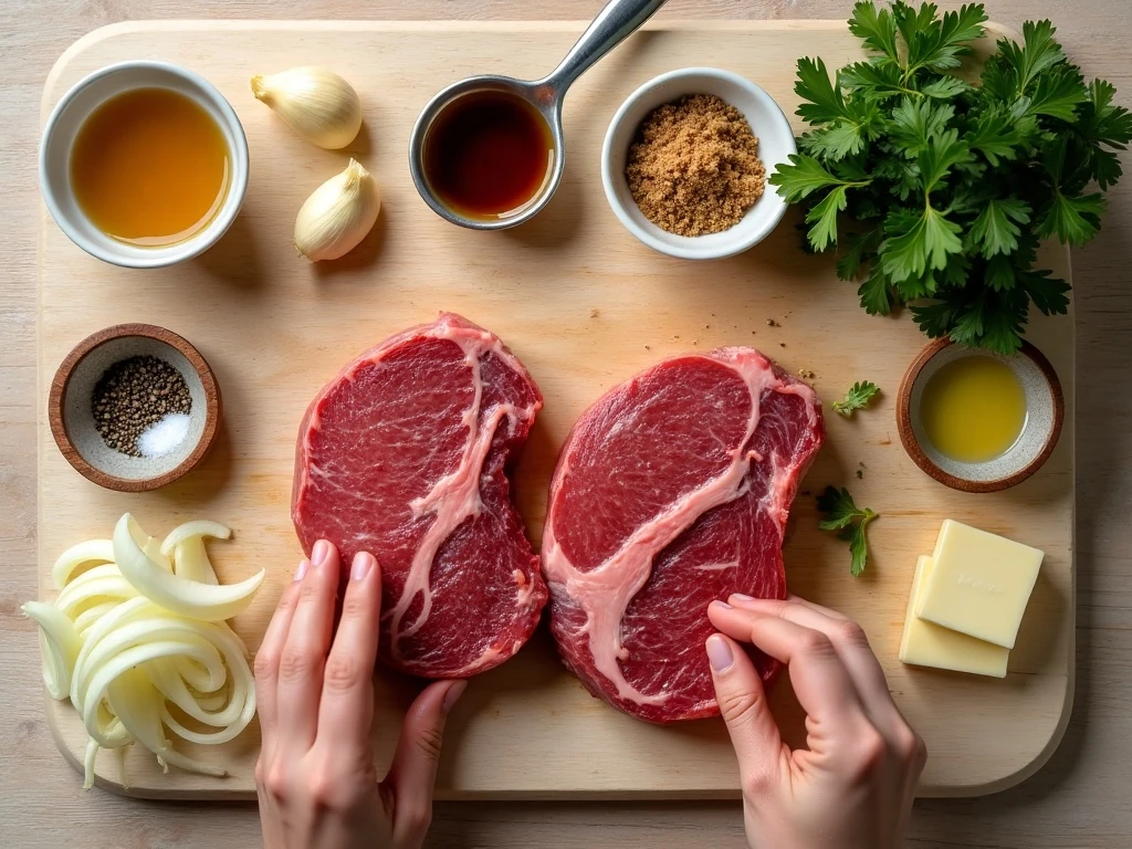 Ingredients for glazed balsamic steak and onions
