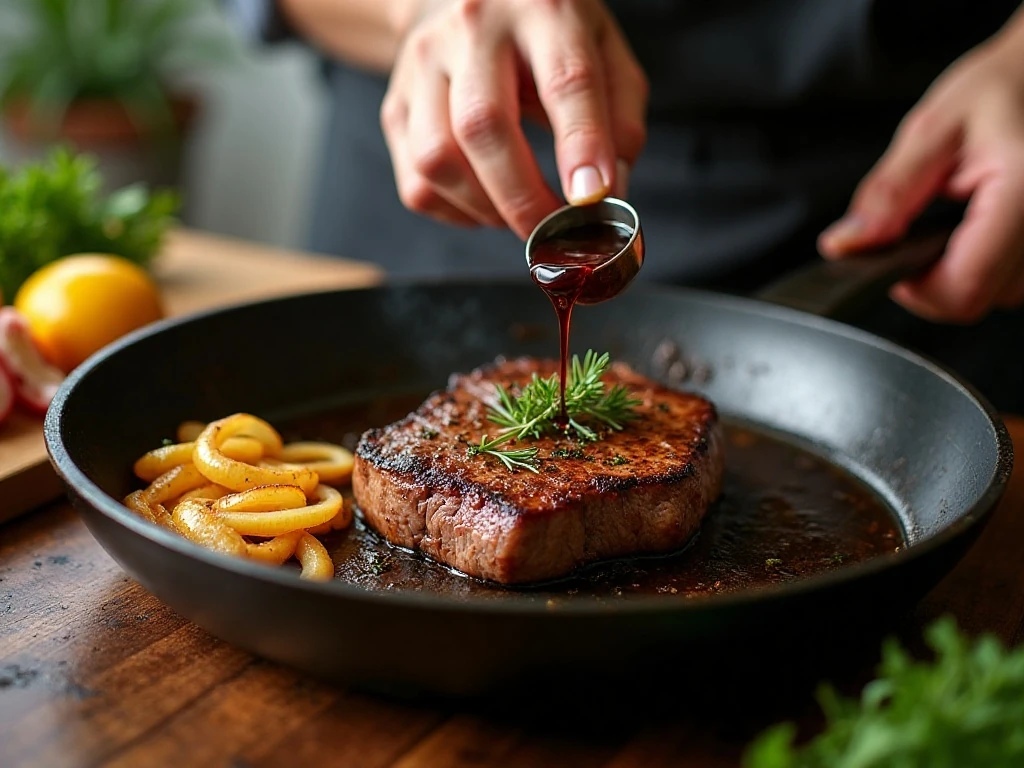 Steak searing in a skillet with onions for balsamic glaze