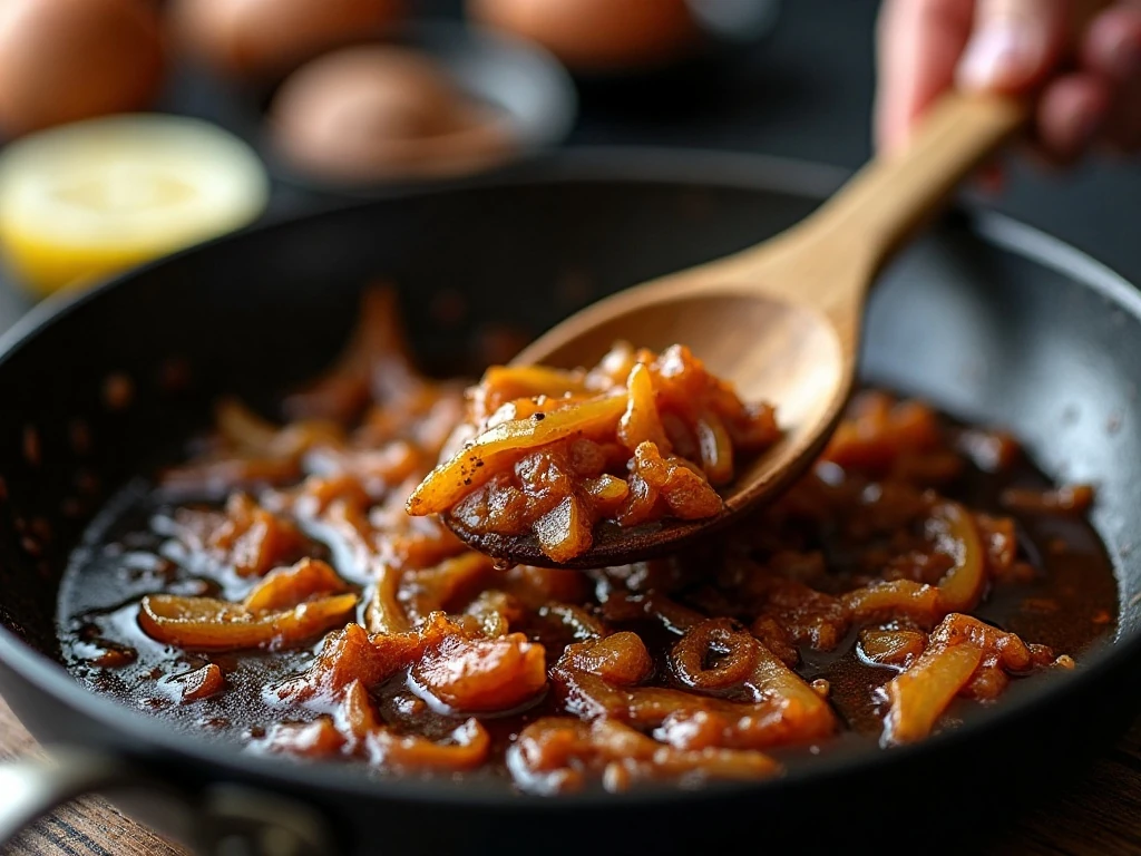 Balsamic glaze simmering with tender onions in a skillet