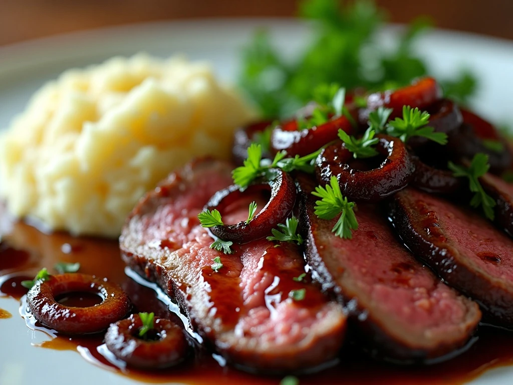Balsamic steak topped with onions and fresh parsley