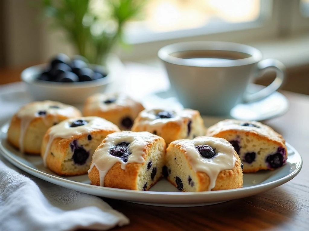 Glazed blueberry scones arranged for breakfast