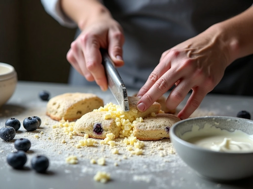 Cutting cold butter into flour for blueberry scones