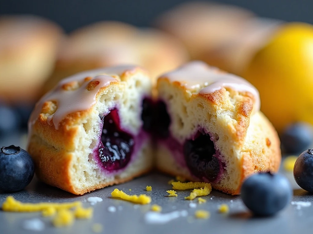 Flaky blueberry scone interior with lemon glaze