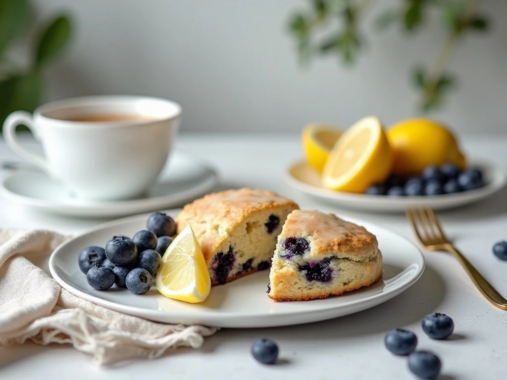 Blueberry scones served with lemon and tea