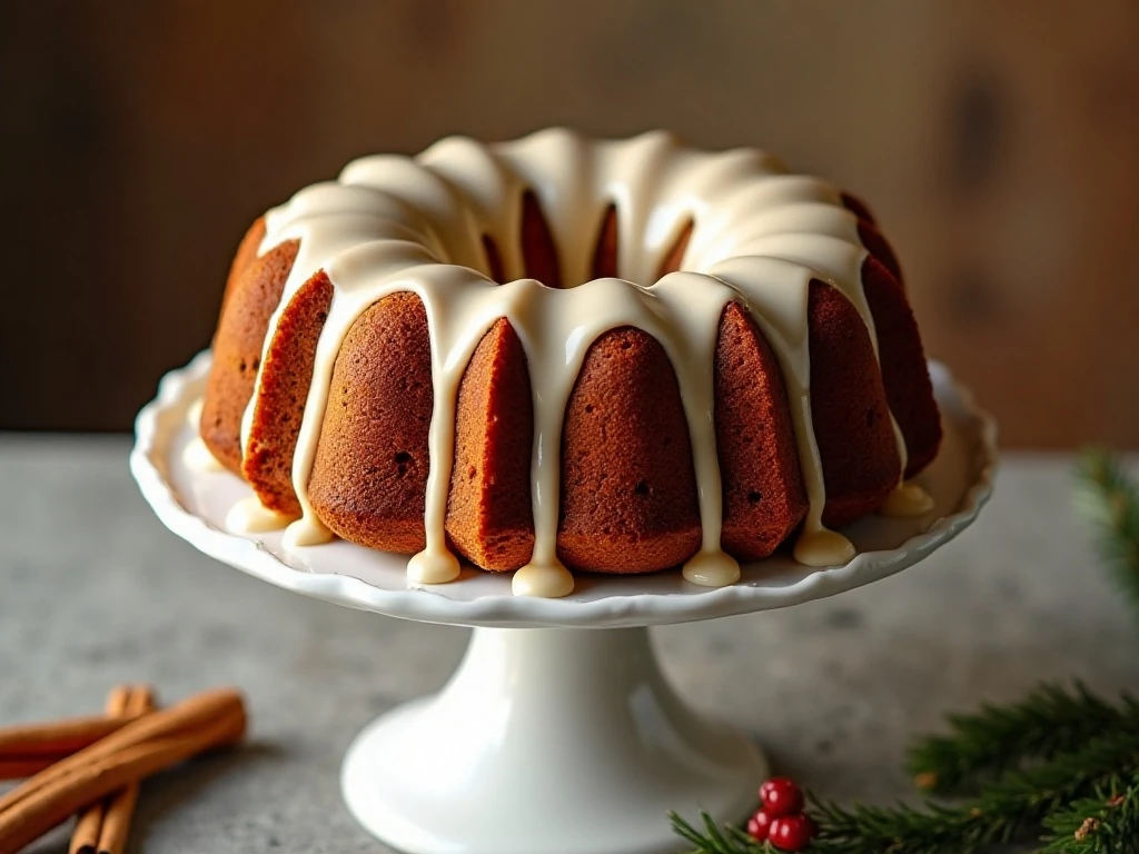 Glazed gingerbread Bundt cake on a white cake stand
