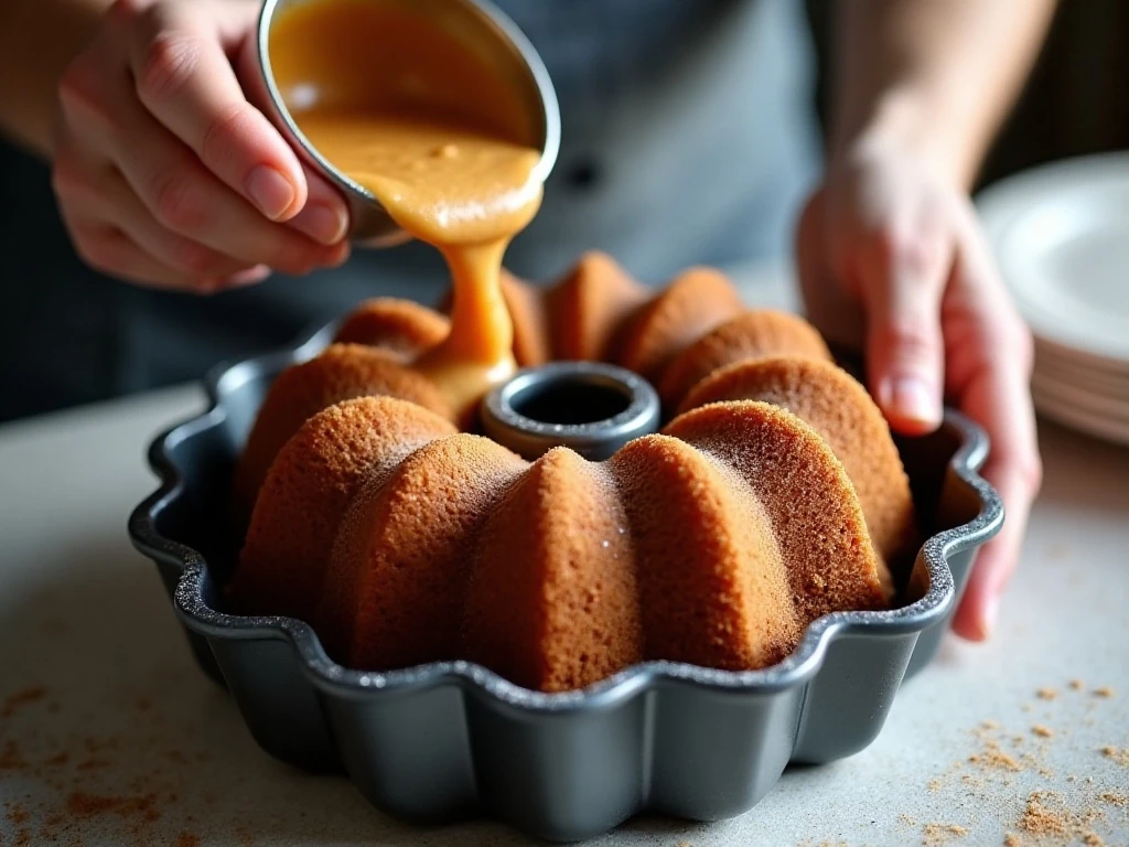 Gingerbread batter being poured into a Bundt pan