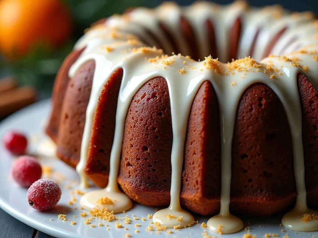 Vanilla glaze dripping over gingerbread Bundt cake