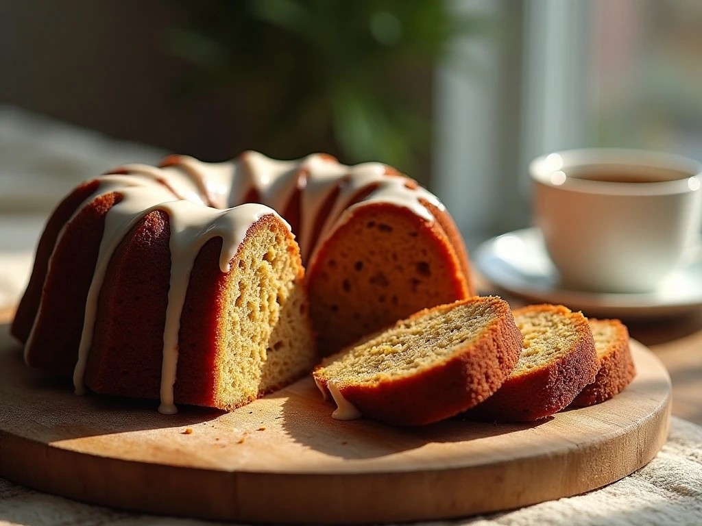 Sliced glazed gingerbread Bundt cake ready to serve