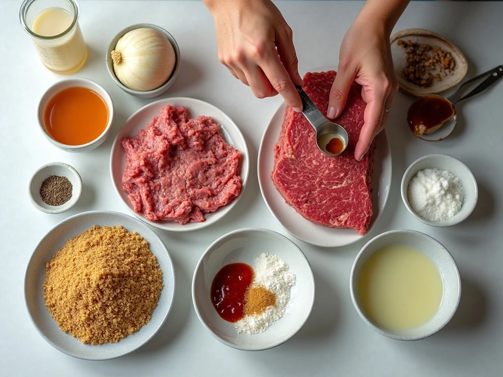 Ingredients for classic glazed meatloaf arranged for preparation