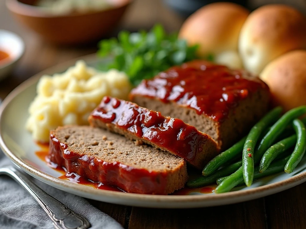 Classic glazed meatloaf served with mashed potatoes and green beans