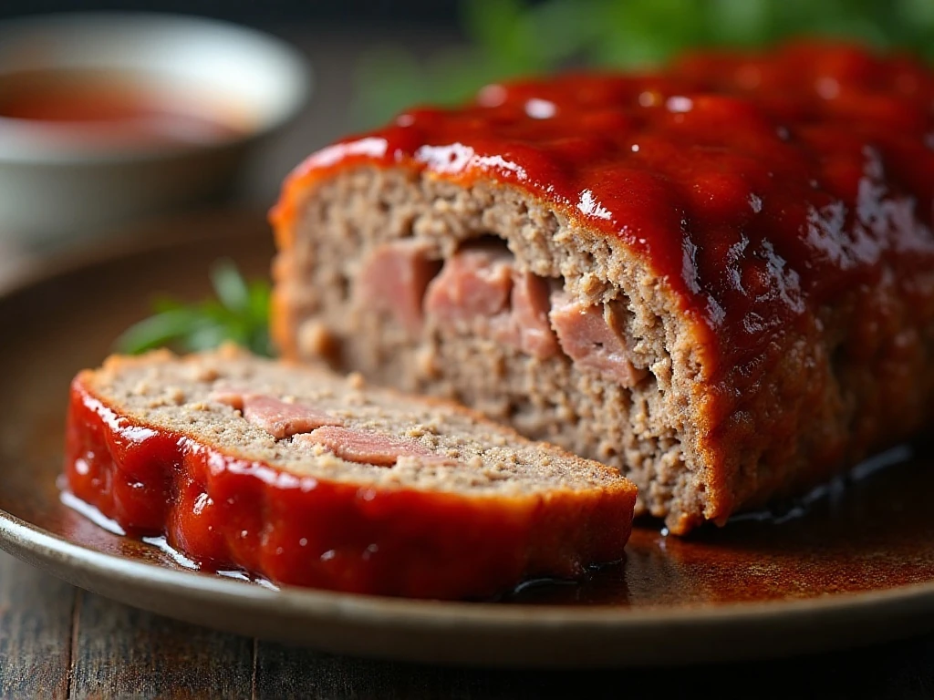 Close-up slice showing the tender texture and glaze of meatloaf