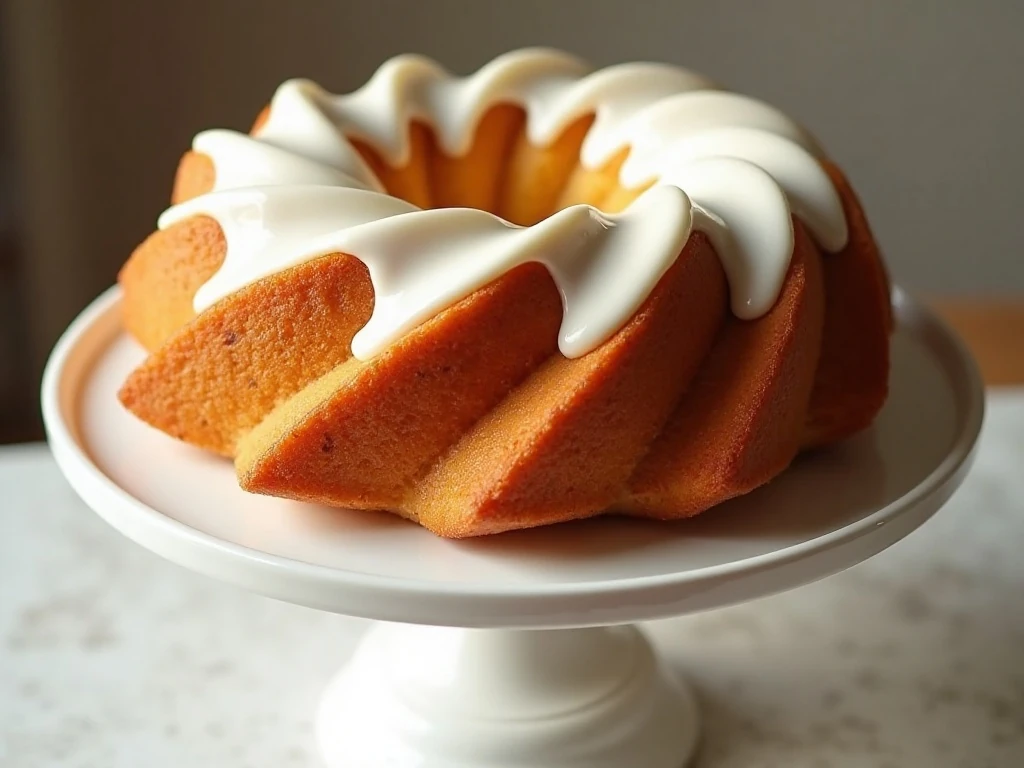 Whole glazed old-fashioned buttermilk doughnut Bundt cake on a cake stand