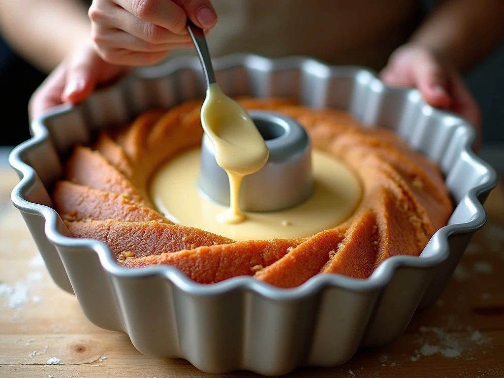 Bundt cake batter being spread into a prepared pan