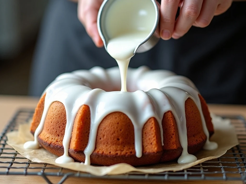 Thick glaze poured over a cooled Bundt cake