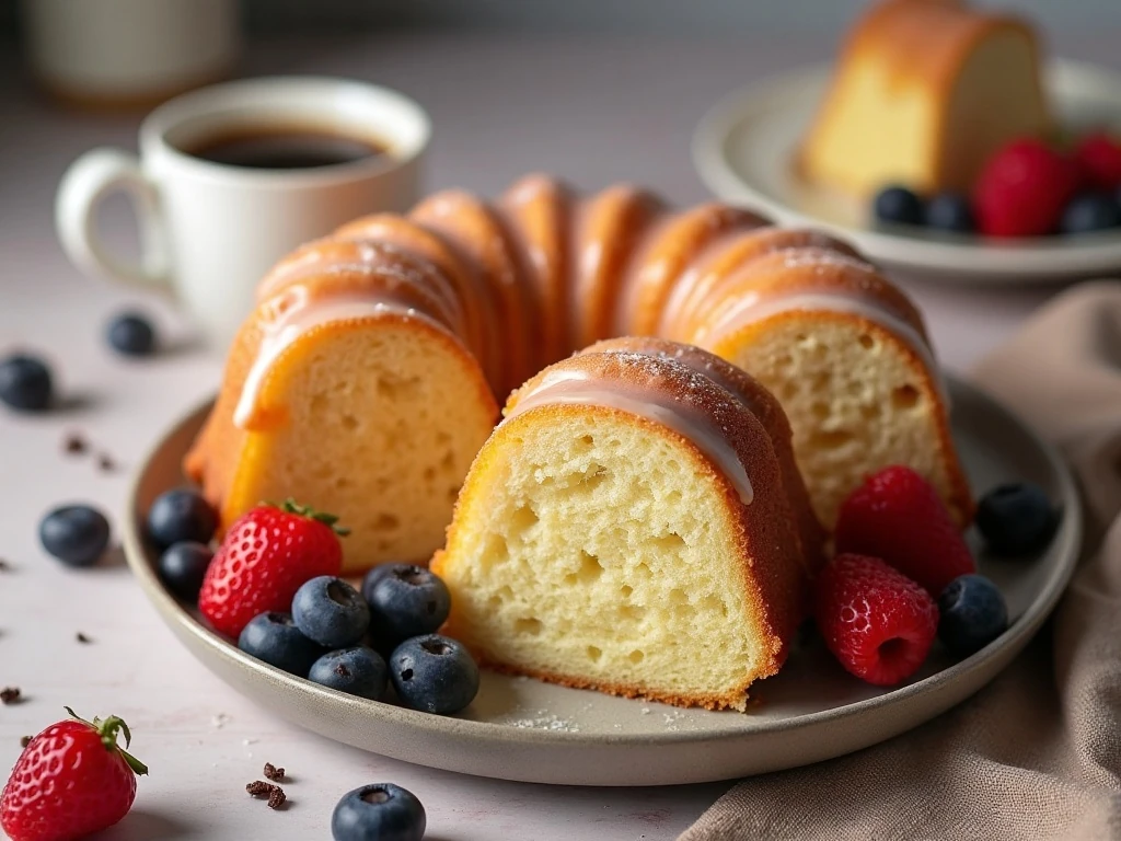 Slices of glazed buttermilk doughnut Bundt cake served with coffee