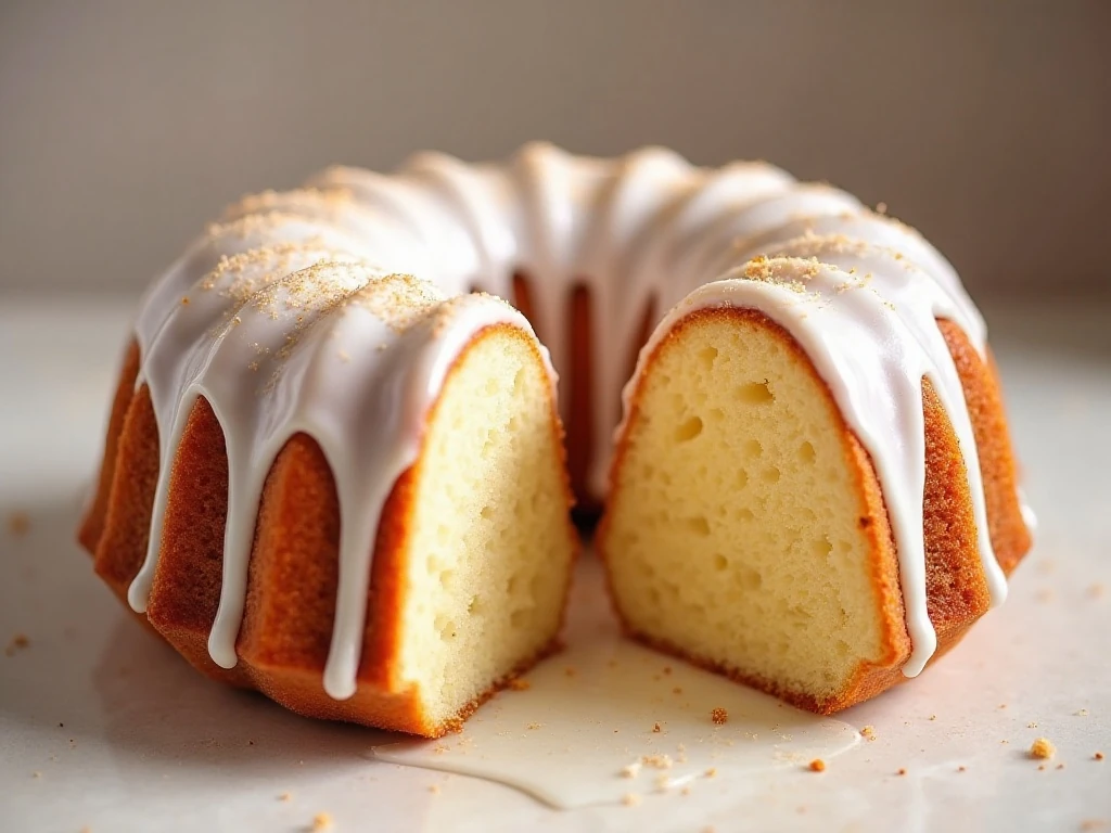 Close-up of tender glazed Bundt cake crumb with nutmeg
