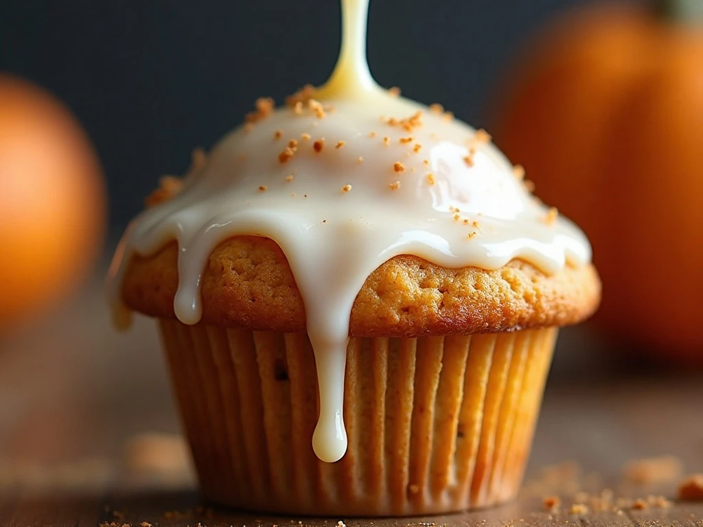 Vanilla glaze and cinnamon on a pumpkin spice muffin