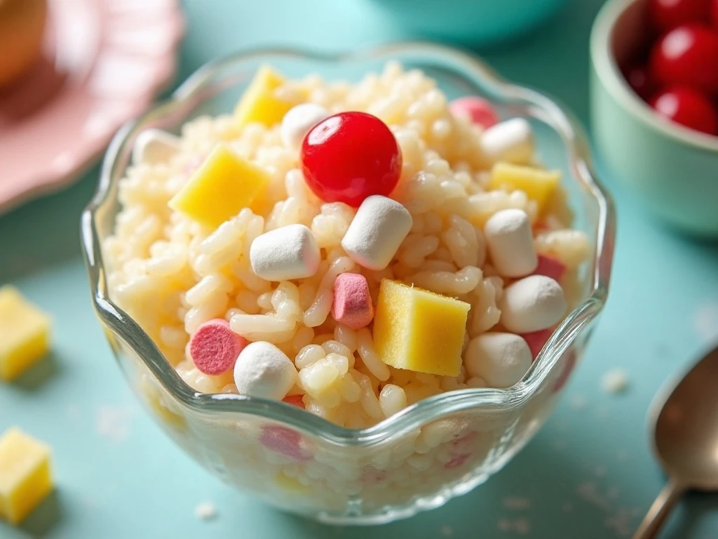 Old-fashioned glorified rice dessert salad in a vintage serving bowl