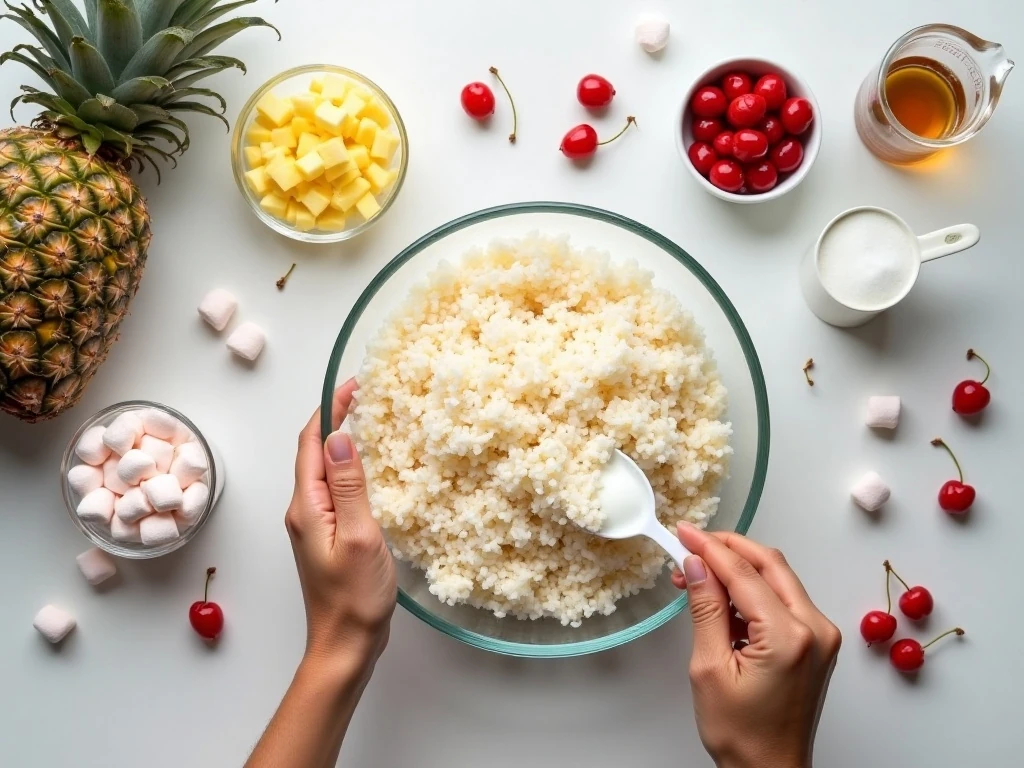 Ingredients for old-fashioned glorified rice dessert salad